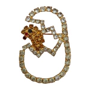 Vintage Rhinestone Chick Egg Brooch 🐥 Gold Tone Easter Pin